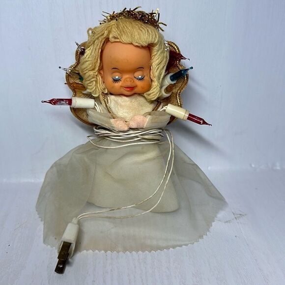 VTG 10 Light Angel Tree Topper 7" Japan Closed Eyes Yarn Hair Chiffon NOT WRKNG - Picture 1 of 6